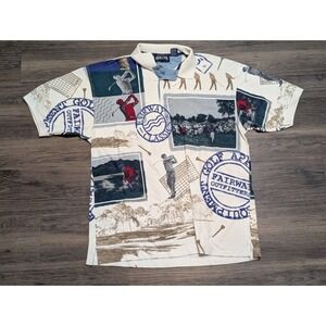 Vintage Divots Mens XXL Golf All Over Print Polo Shirt Cream Fairway Classic